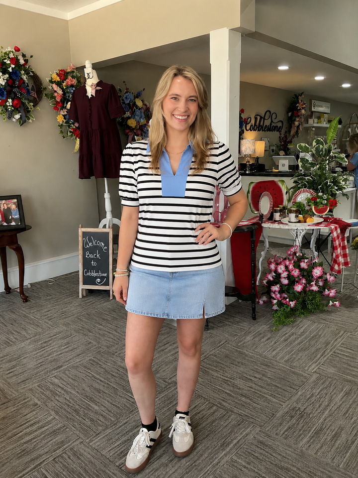 Blue collar striped blouse