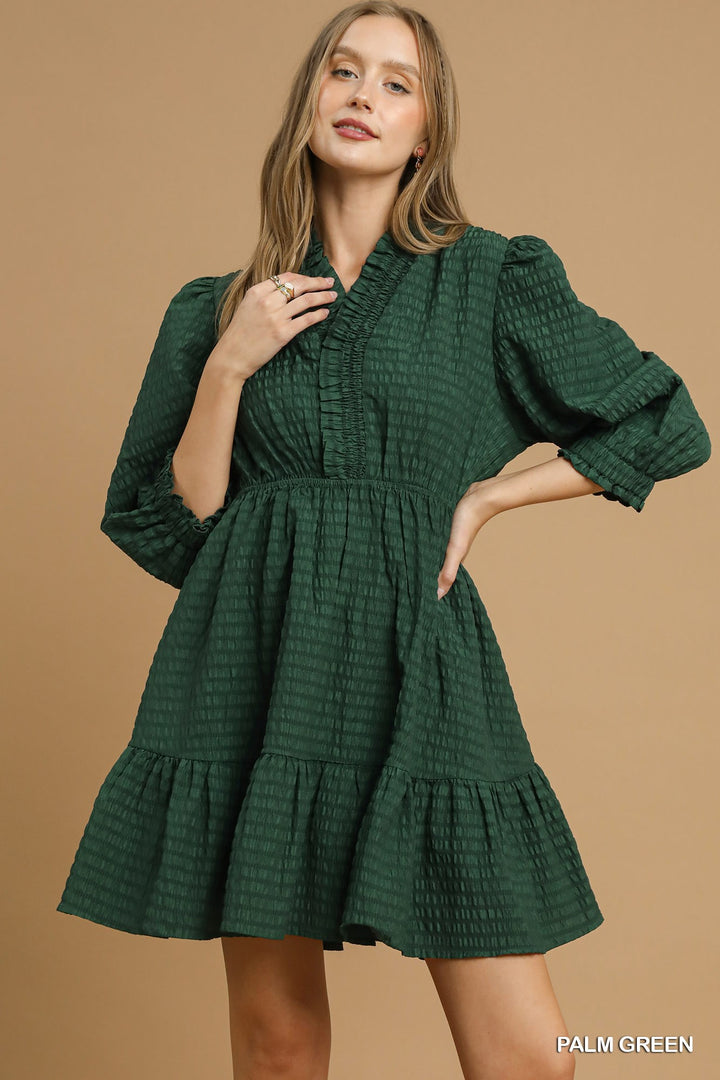 Green Ruffle Trim Textured Babydoll Dress
