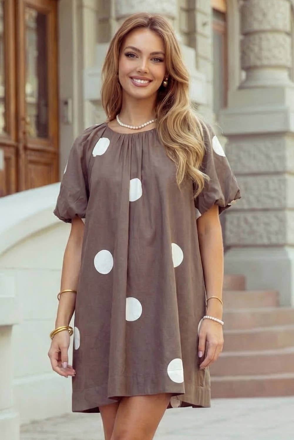 Brown Polka Dot Puff Sleeve Dress
