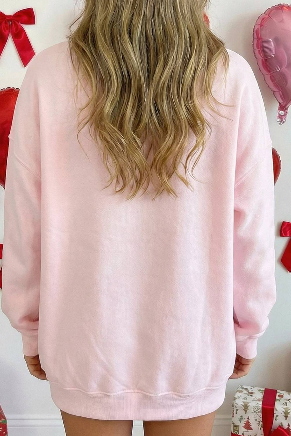 Valentines Sweetheart Patchwork Mock Neck Oversize Sweatshirt: Light Pink