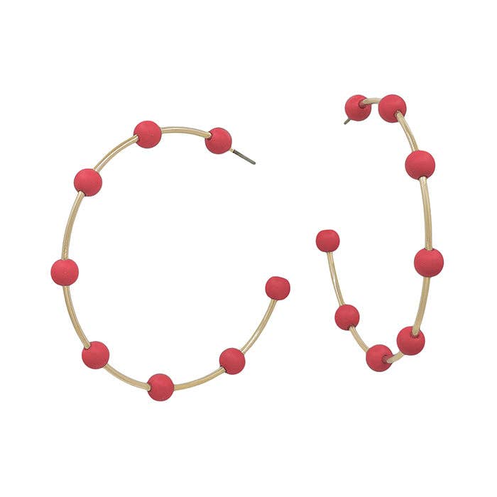 Gold Hoop with Red Color Coated Metal Beaded Accents 2" Earrings