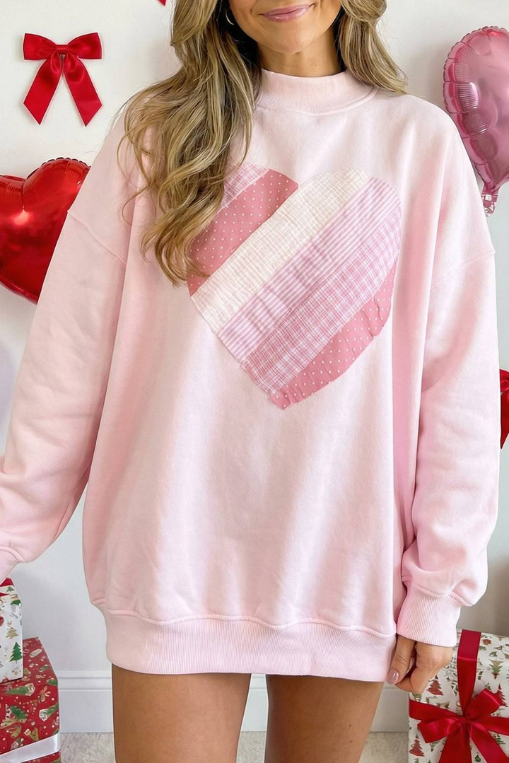 Valentines Sweetheart Patchwork Mock Neck Oversize Sweatshirt: Light Pink