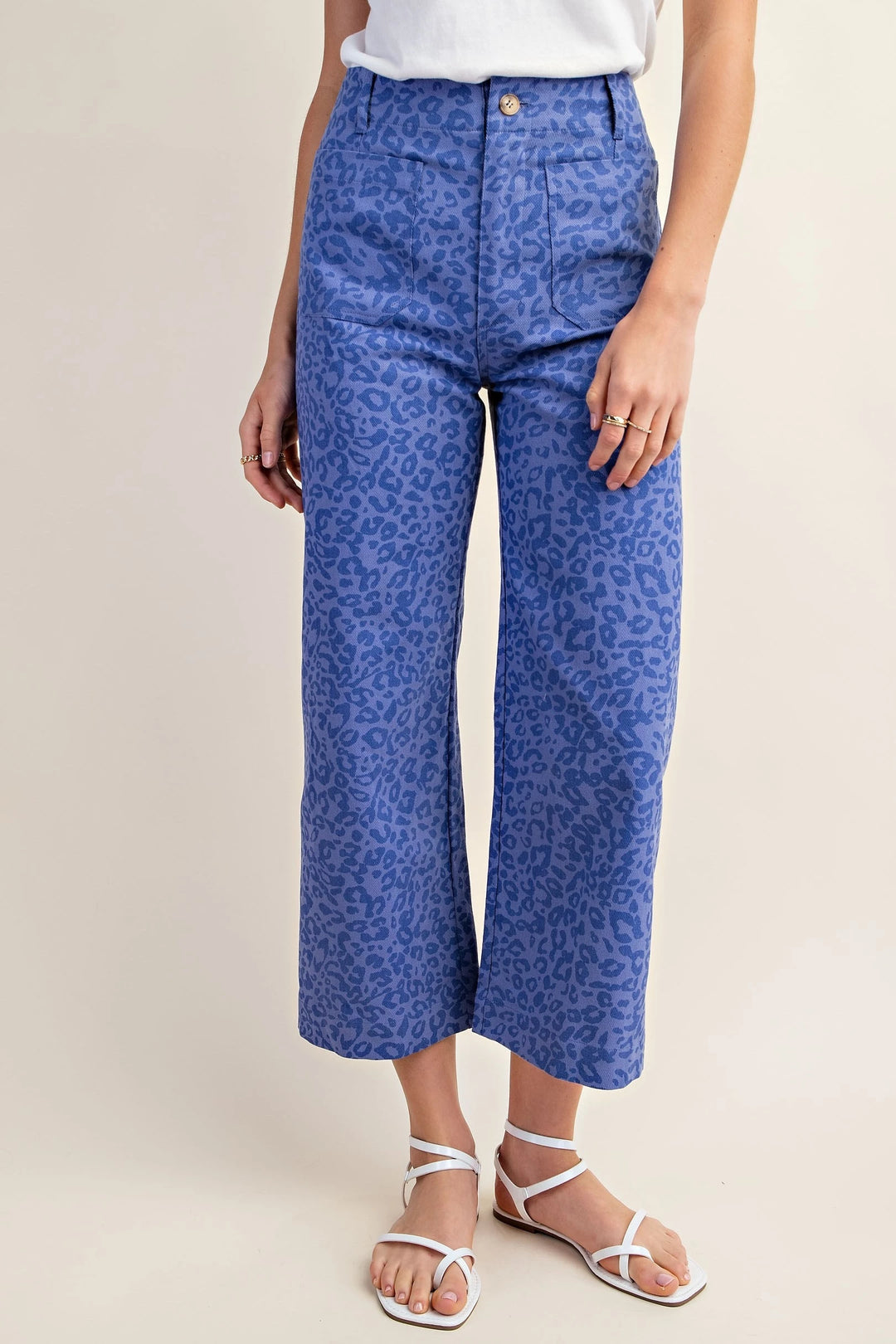 Blue Ankle Cropped Leopard Print Pants