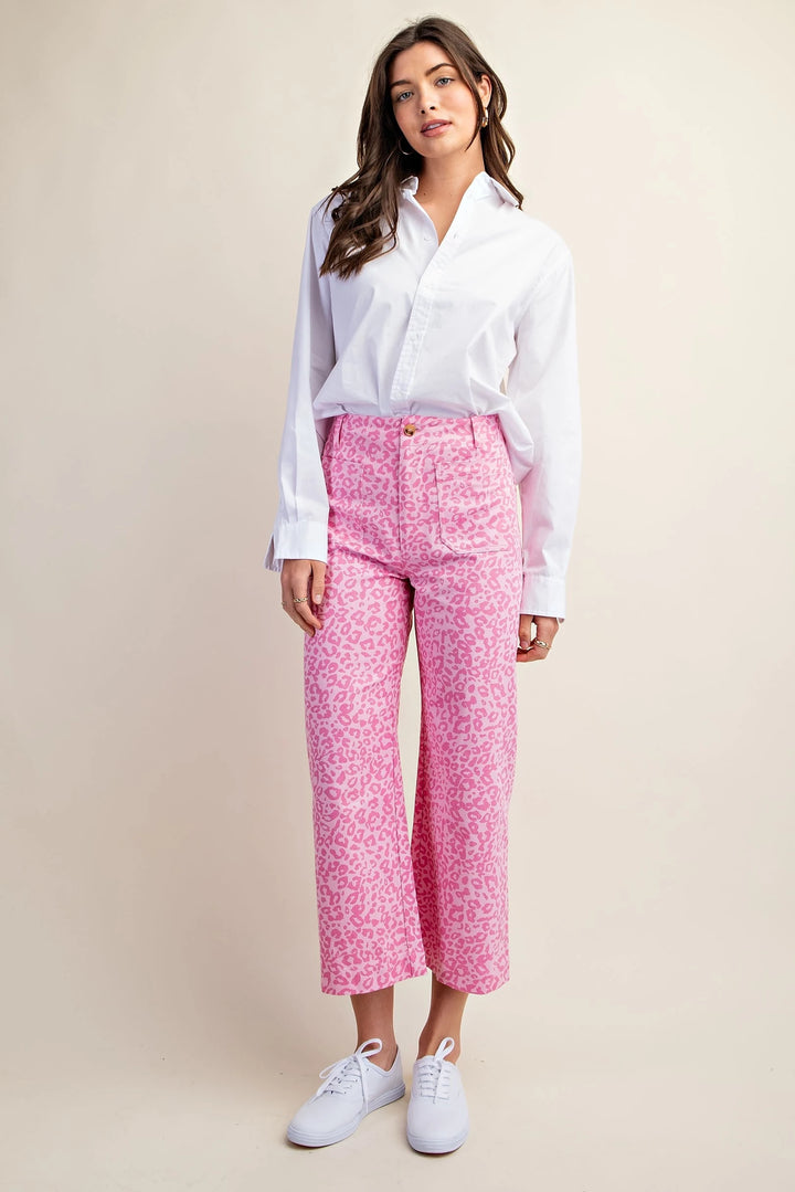 Pink Ankle Cropped Leopard Print Pants