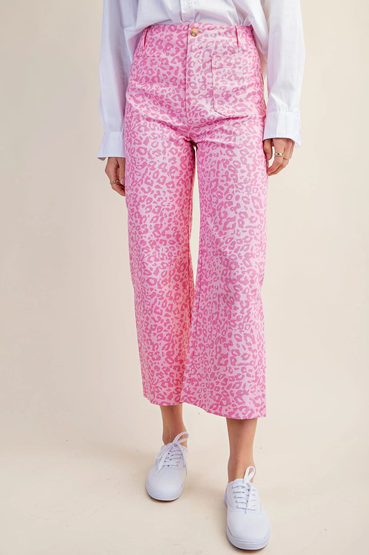 Pink Ankle Cropped Leopard Print Pants