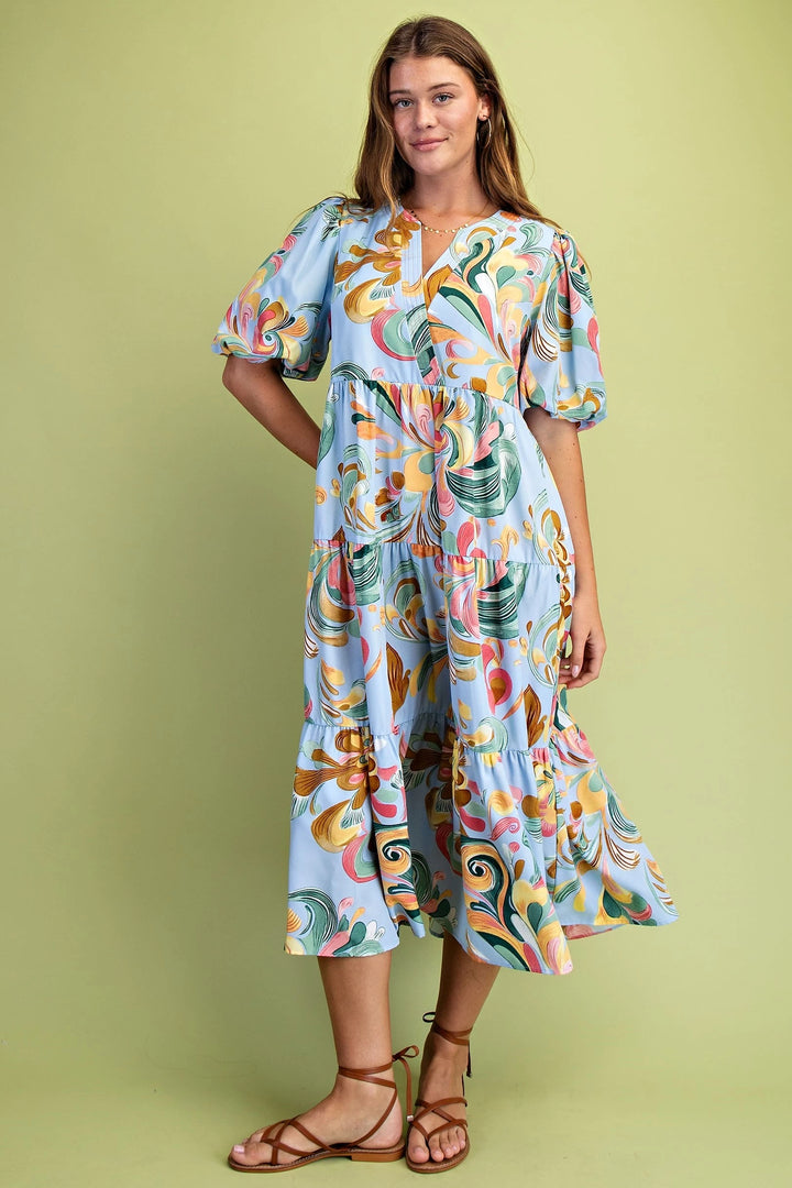 Swirl Printed Tiered Midi Dress