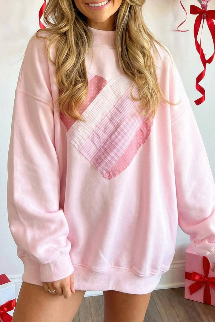 Valentines Sweetheart Patchwork Mock Neck Oversize Sweatshirt: Light Pink