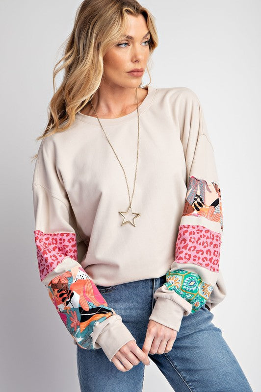Mixed Print Terry Pullover