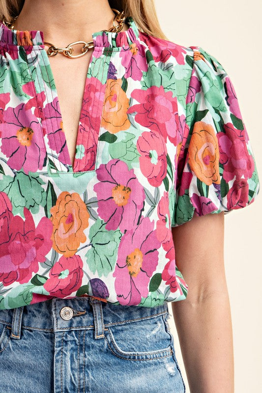 Floral Print Split Neckline Top