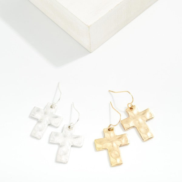 Hammered Cross Drop Earrings