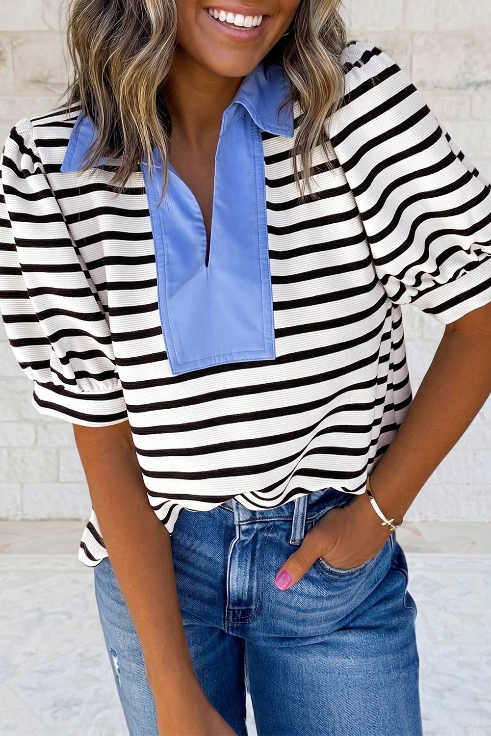 Blue collar striped blouse
