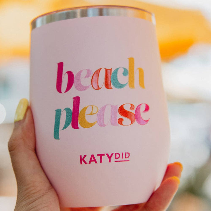 Beach Please 12 Oz WINE TUMBLER With Lid: Light Pink