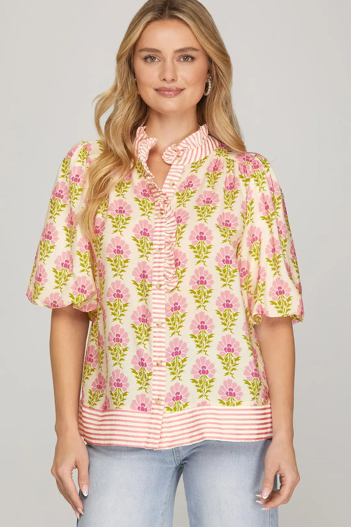 Pink Floral Button Top