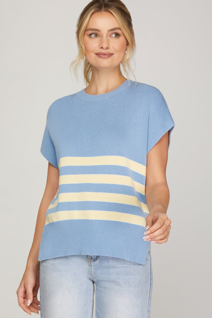 Blue Sleeveless Sweater with Stripes