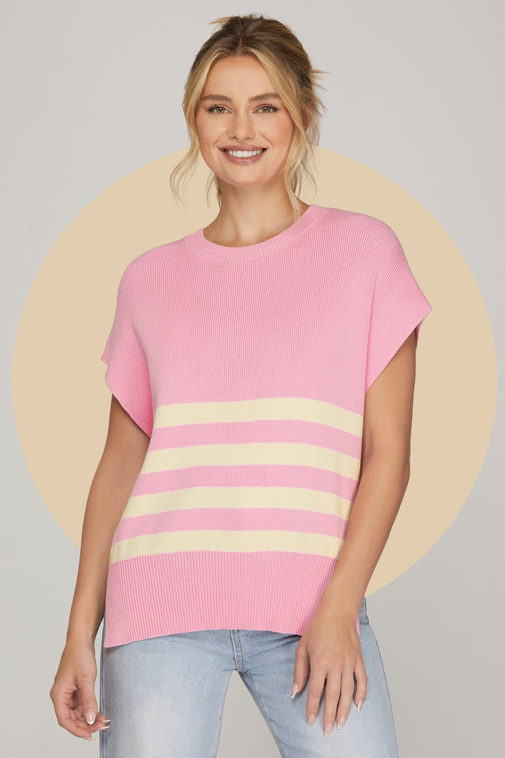 Pink Sleeveless Sweater with Stripes