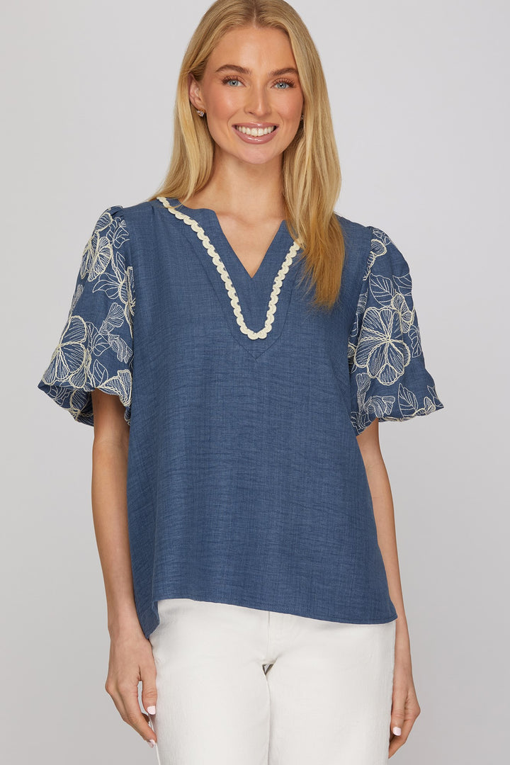 Denim Blue Embroidered Top