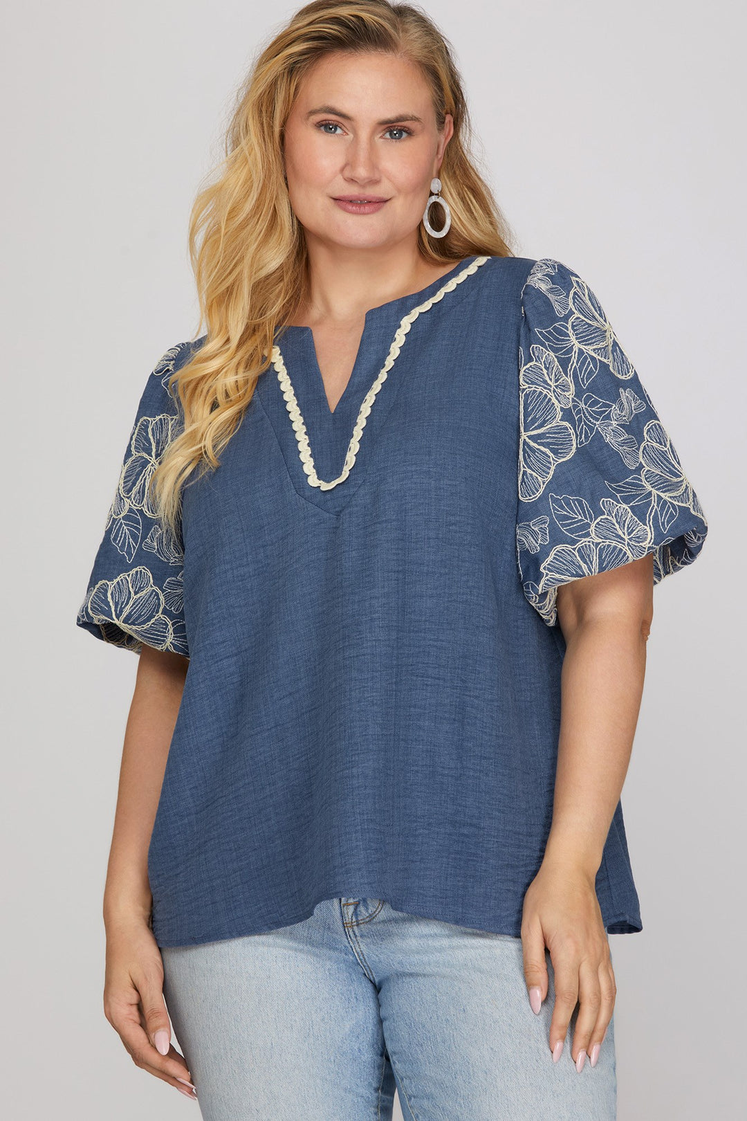 Denim Blue Embroidered Top