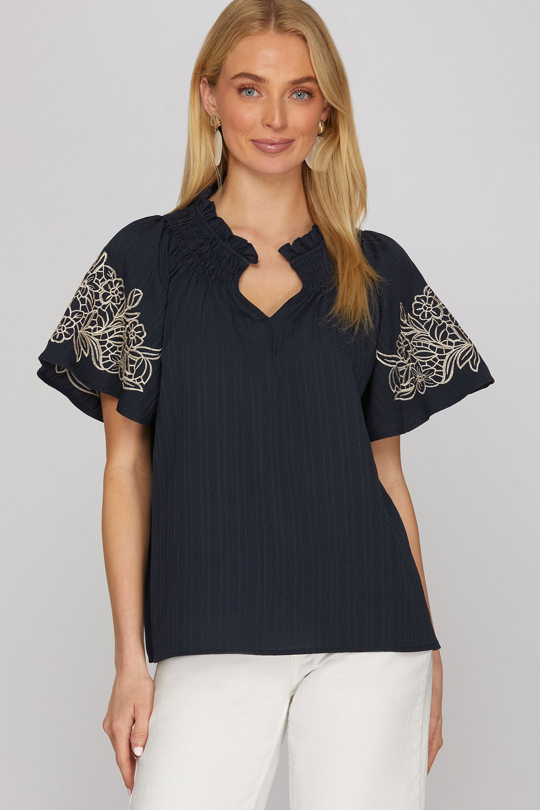Navy Embroidered Top