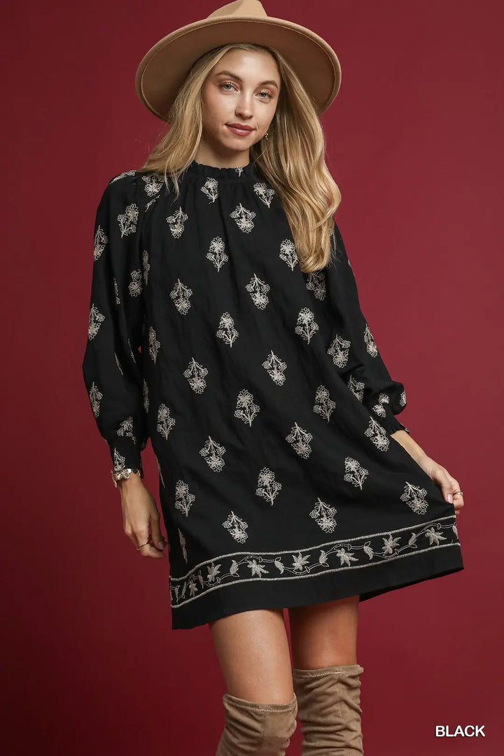 Embroidered Long Sleeve Black Mini Dress