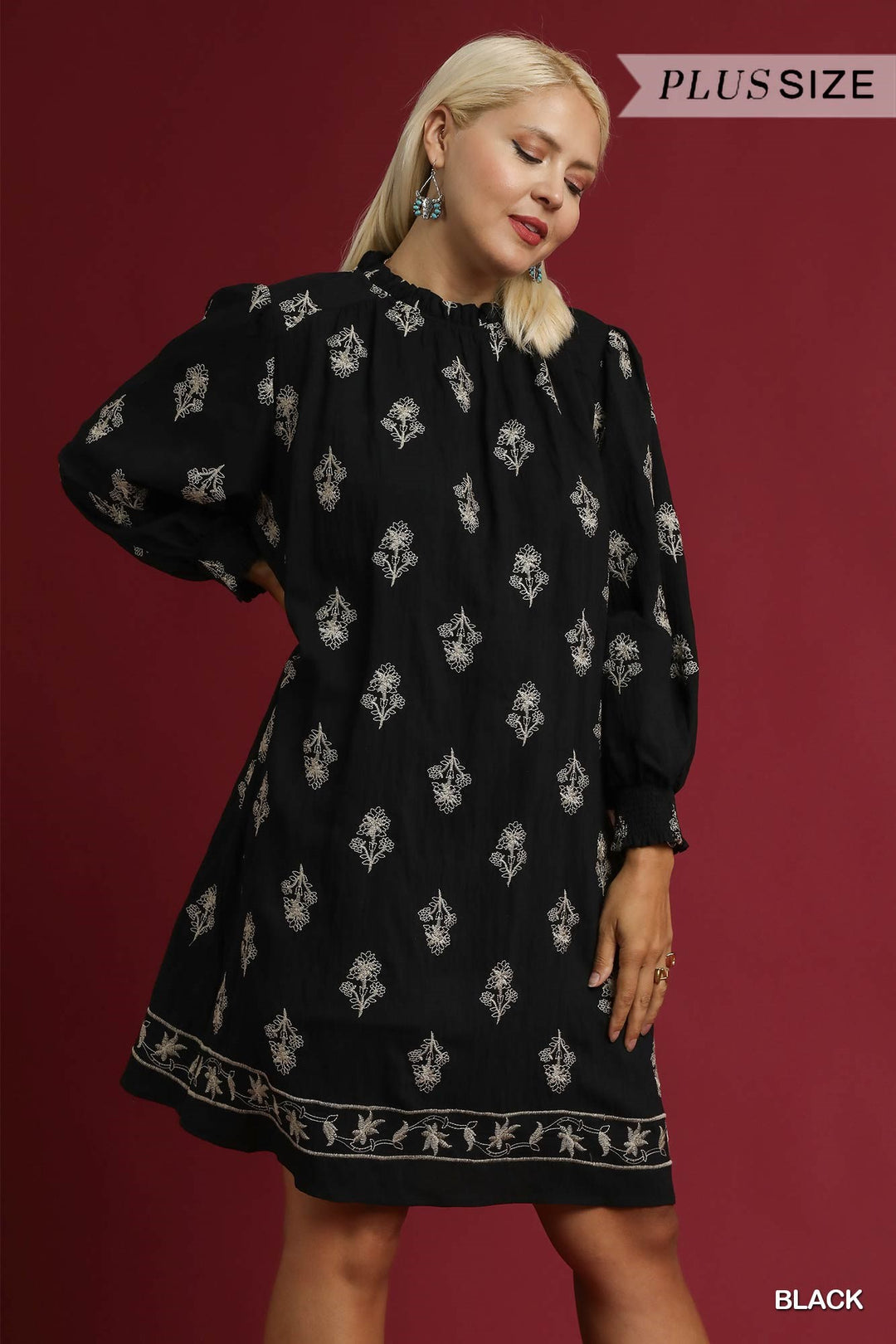 Embroidered Long Sleeve Black Mini Dress