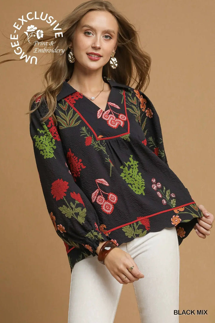 Black Blouse with Floral Detail