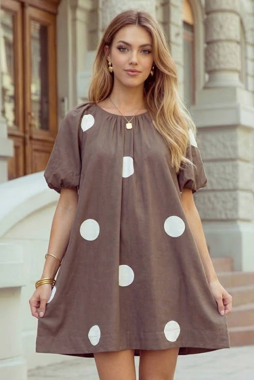 Brown Polka Dot Puff Sleeve Dress