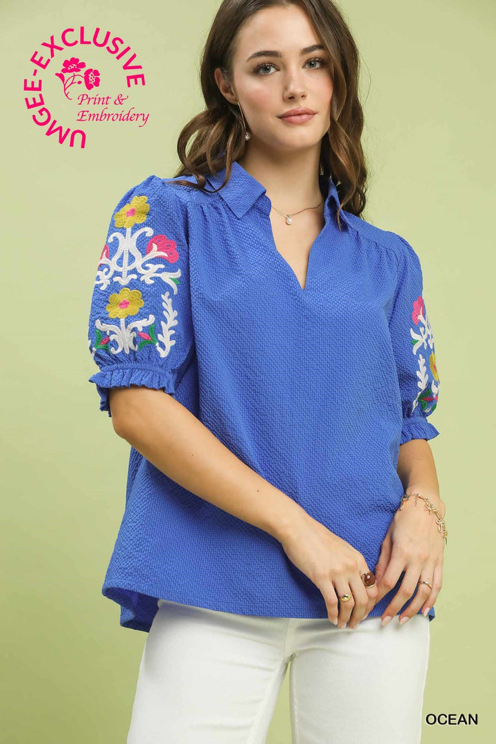 Ocean Blue Embroidered Top