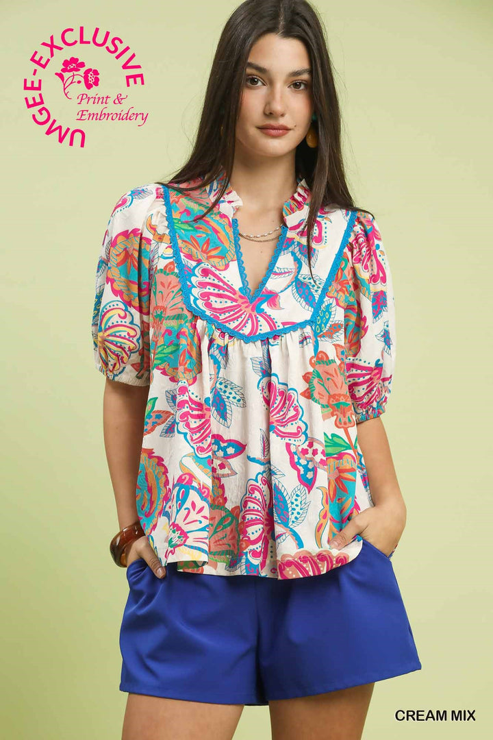 Paisley Jacquard Ruffle Neck Top