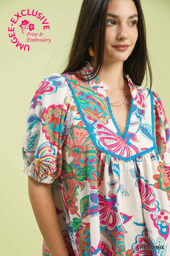 Paisley Jacquard Ruffle Neck Top