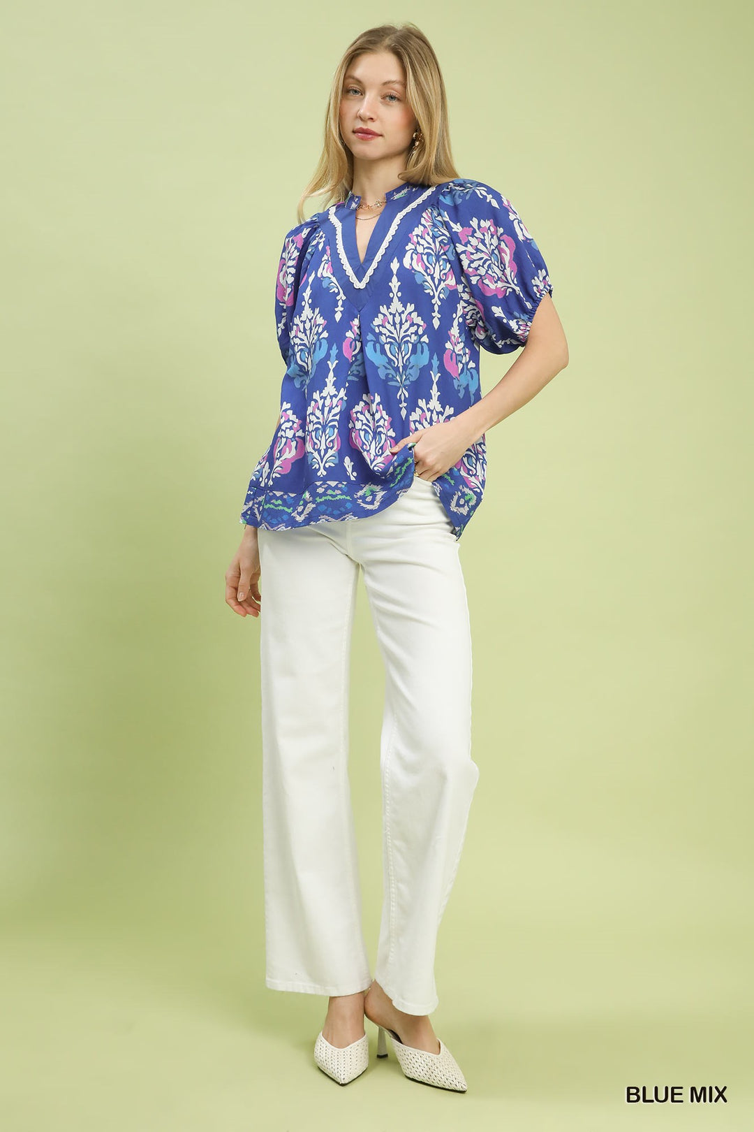 Blue Split Neck Floral Top