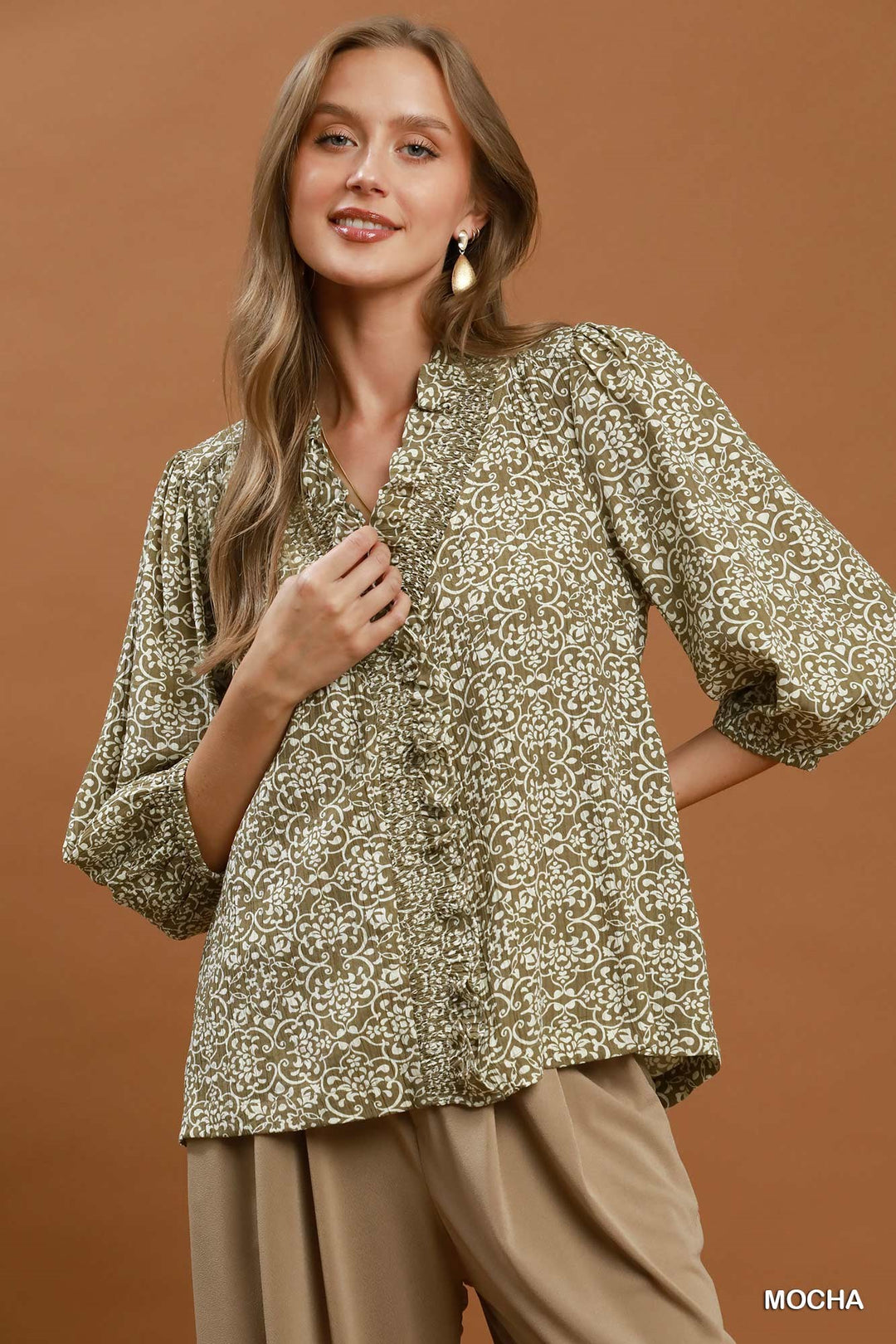 Floral Print Ruffle Detail Button Top