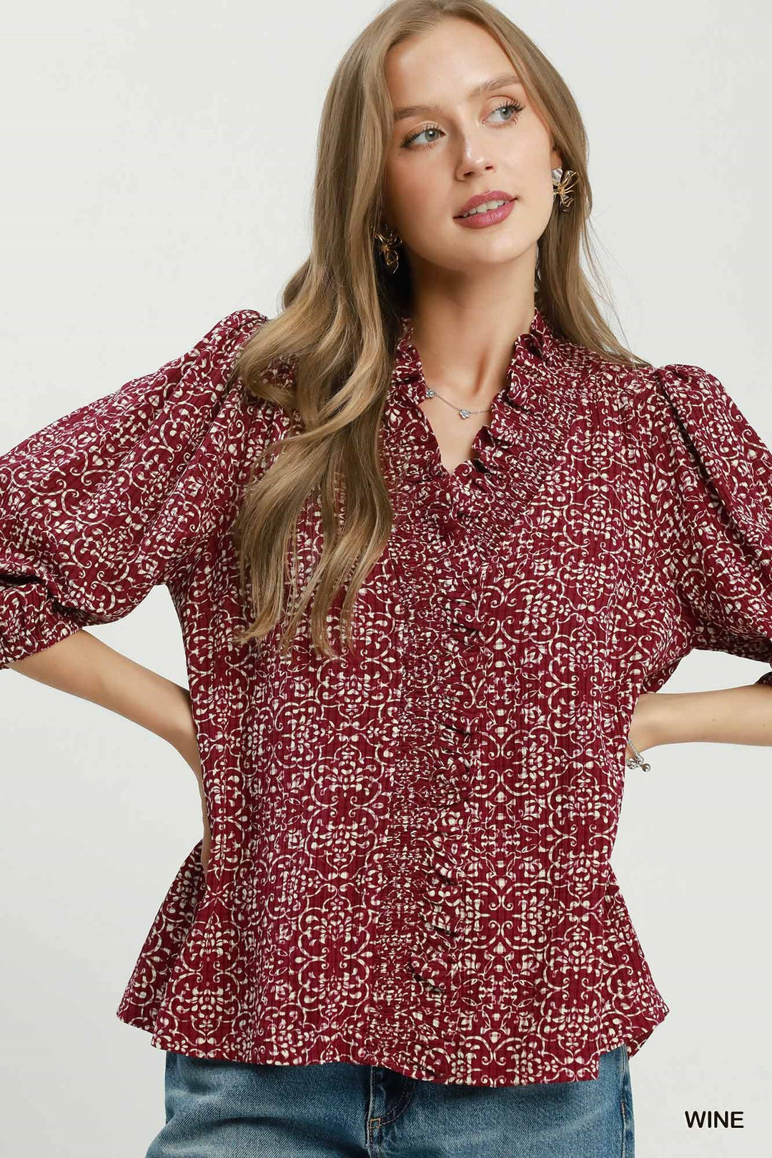 Burgundy Floral Print Ruffle Detail Button Top