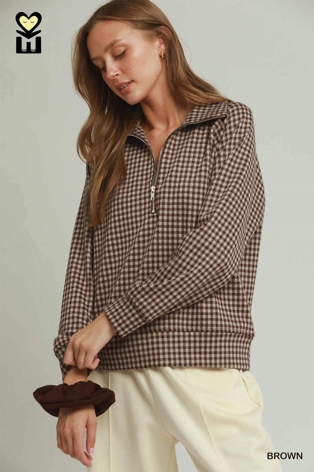 Brown Gingham Half-Zip Pullover