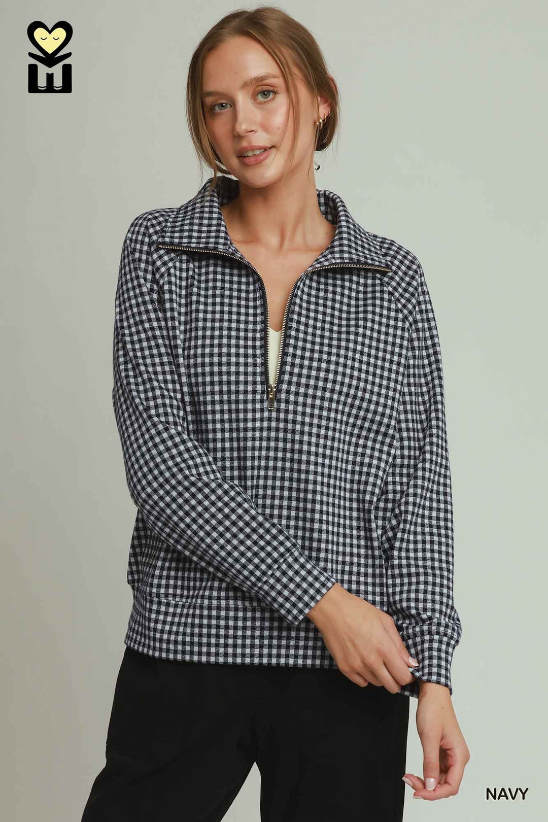Navy Gingham Half-Zip Pullover