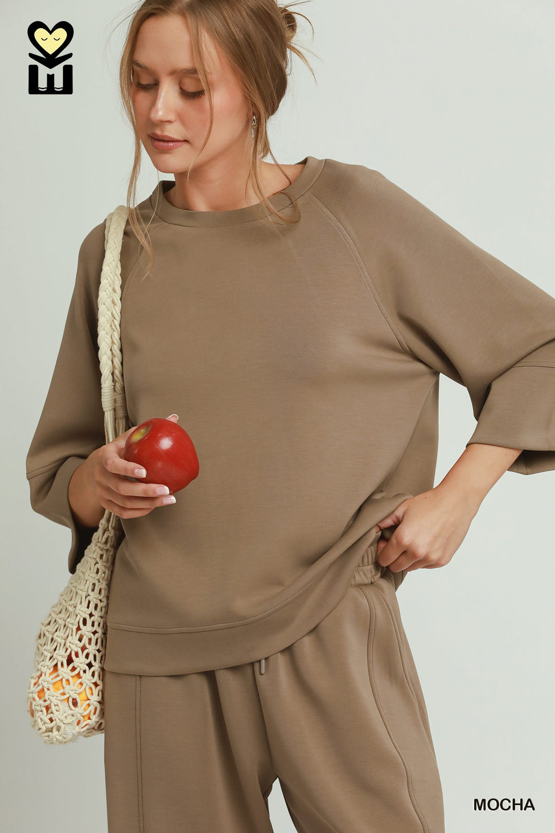 Mocha Space Knit 3/4 Sleeve Raglan Top