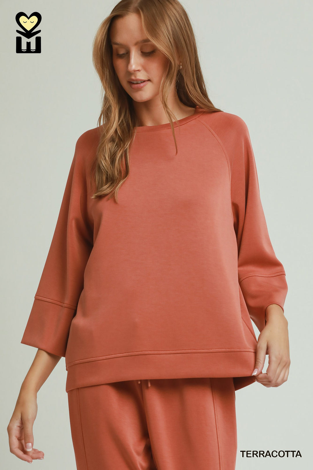 Terracotta Space Knit 3/4 Sleeve Raglan Top