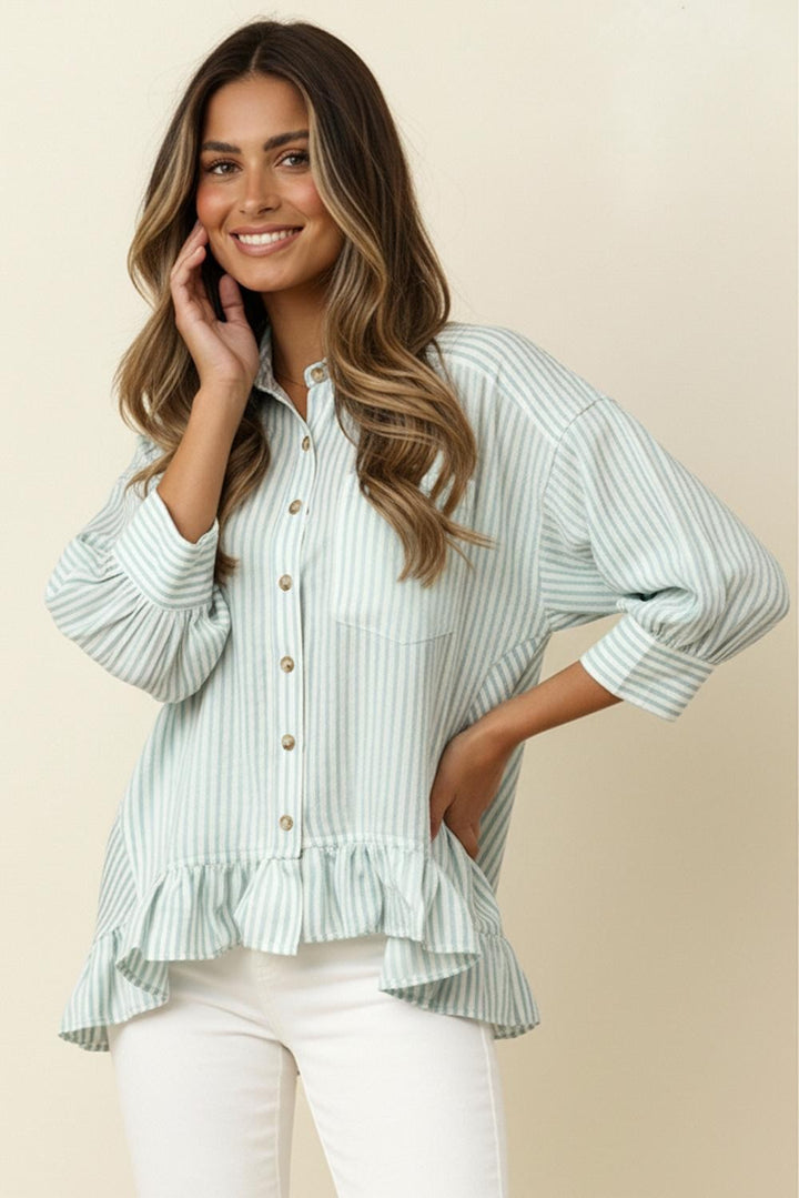 Blue and White Striped Ruffle Top