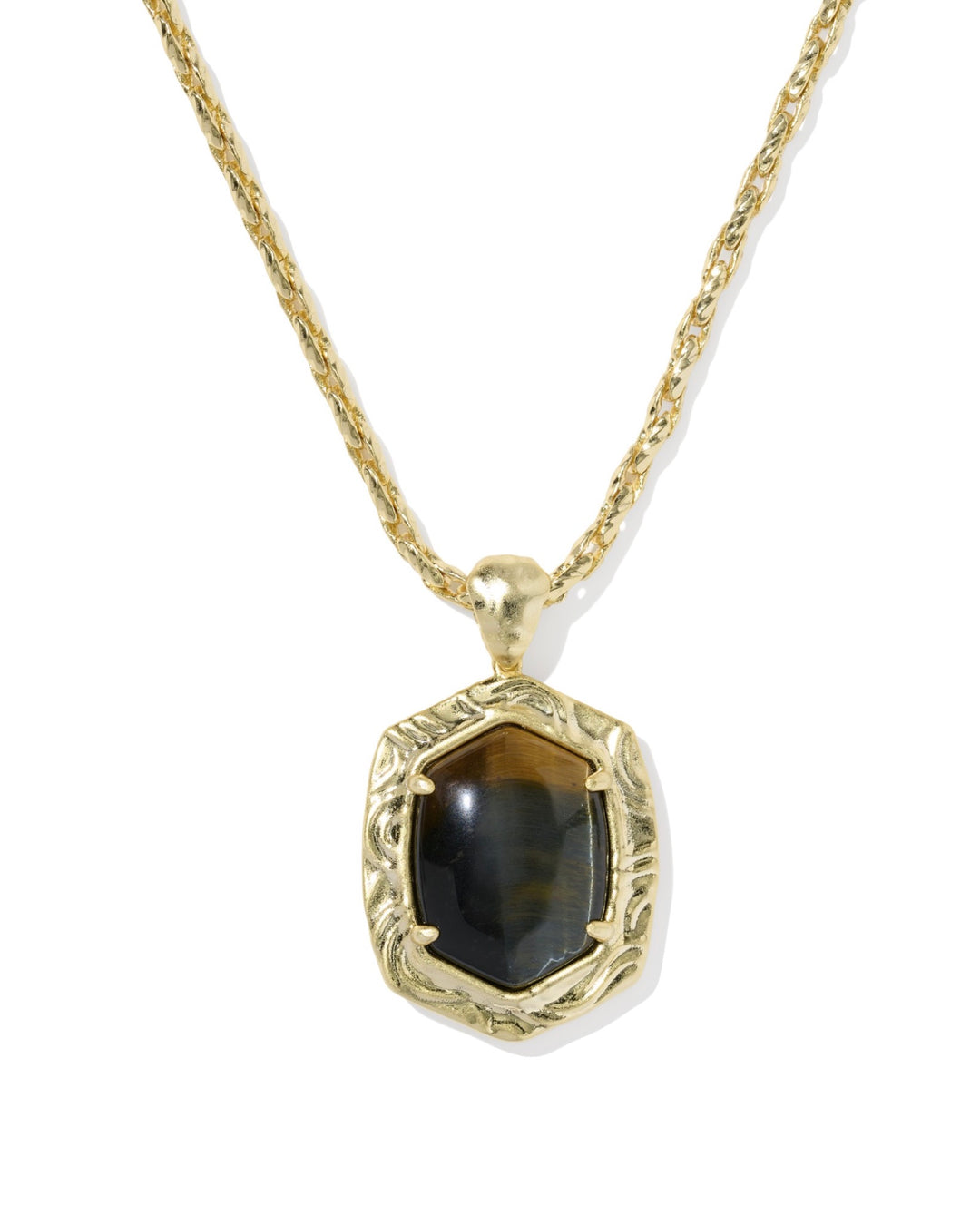 Tiger Striped Daphne Gold Small Long Pendant Necklace Dark Brown Hawk’s Eye