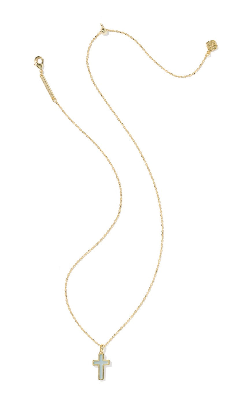 Kendra Scott- Cross Pendant Necklace Gold Matte Light Blue Dichroic Glass