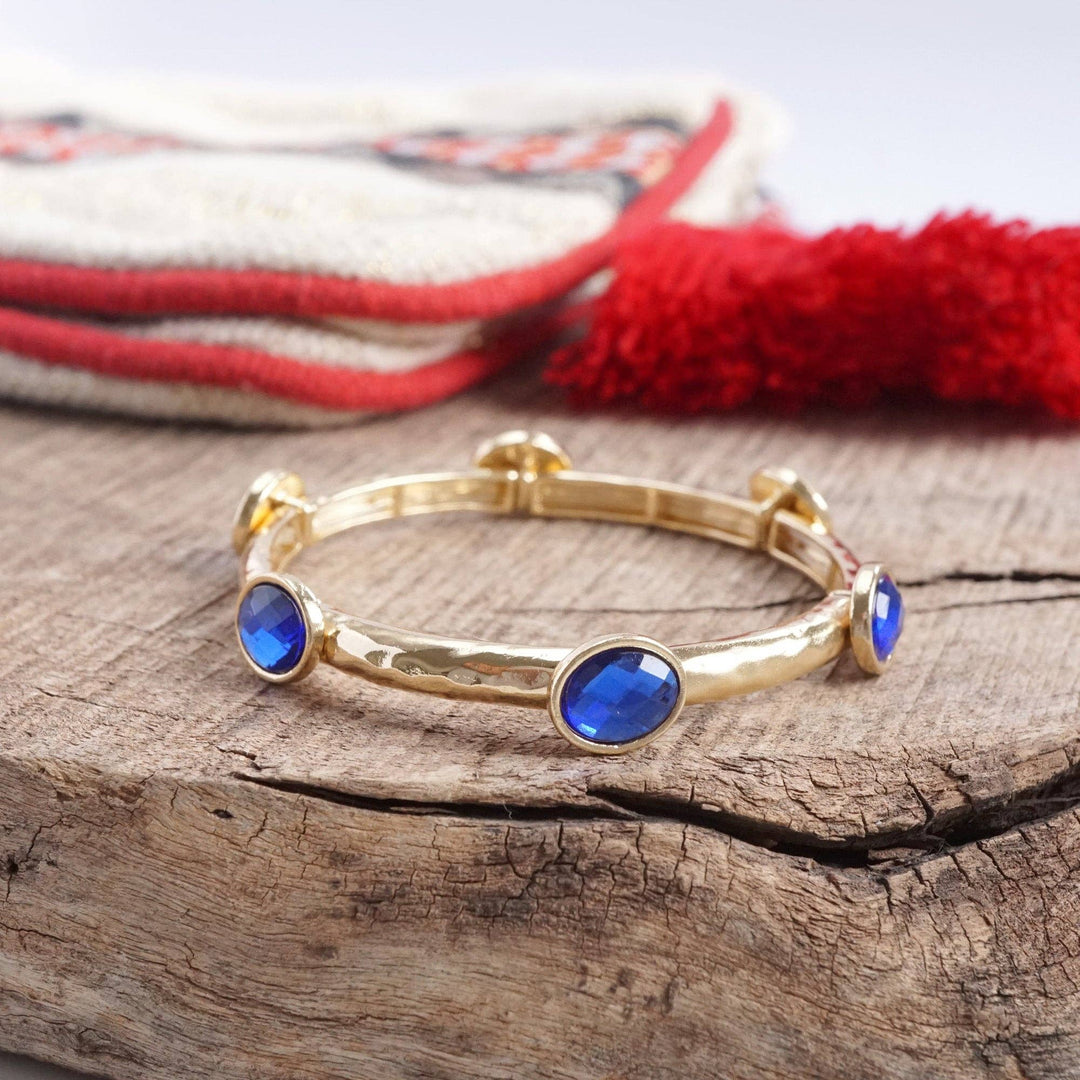 Jeweled Golden Bangle - with Faceted glass oval colorful jewels: Red