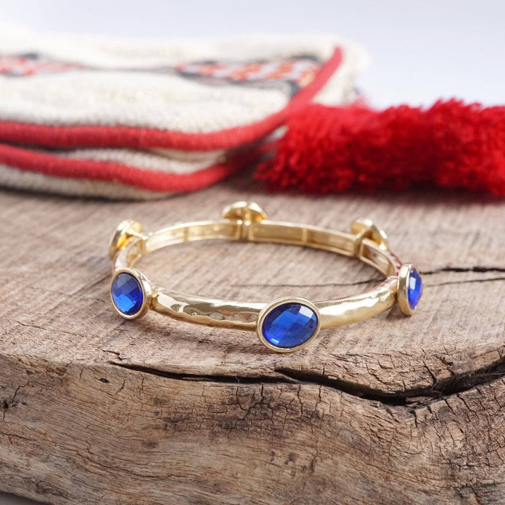 Jeweled Golden Bangle - with Faceted glass oval colorful jewels: Red