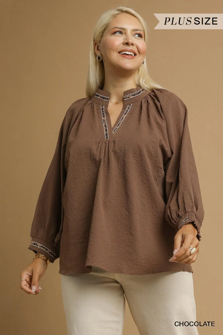 Brown Textured Top with V Neck