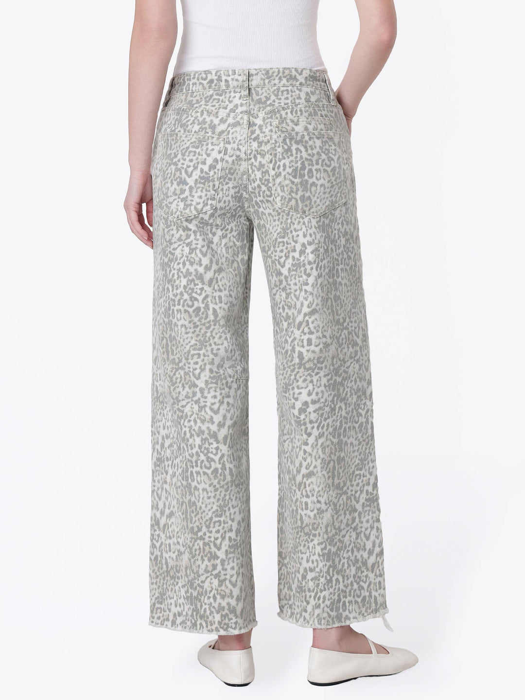 Neutral gray and cream leopard print wide-leg jeans with a high-rise drawstring waist, oversized front patch pockets, ankle length, and raw hem.