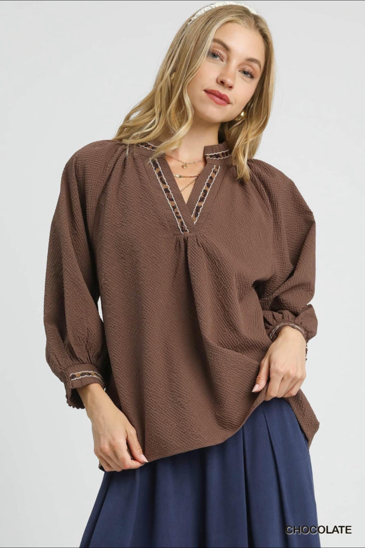 Brown Textured Top with V Neck