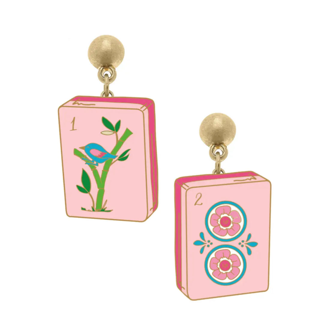 Mahjong Tile Enamel Earrings in Light Pink