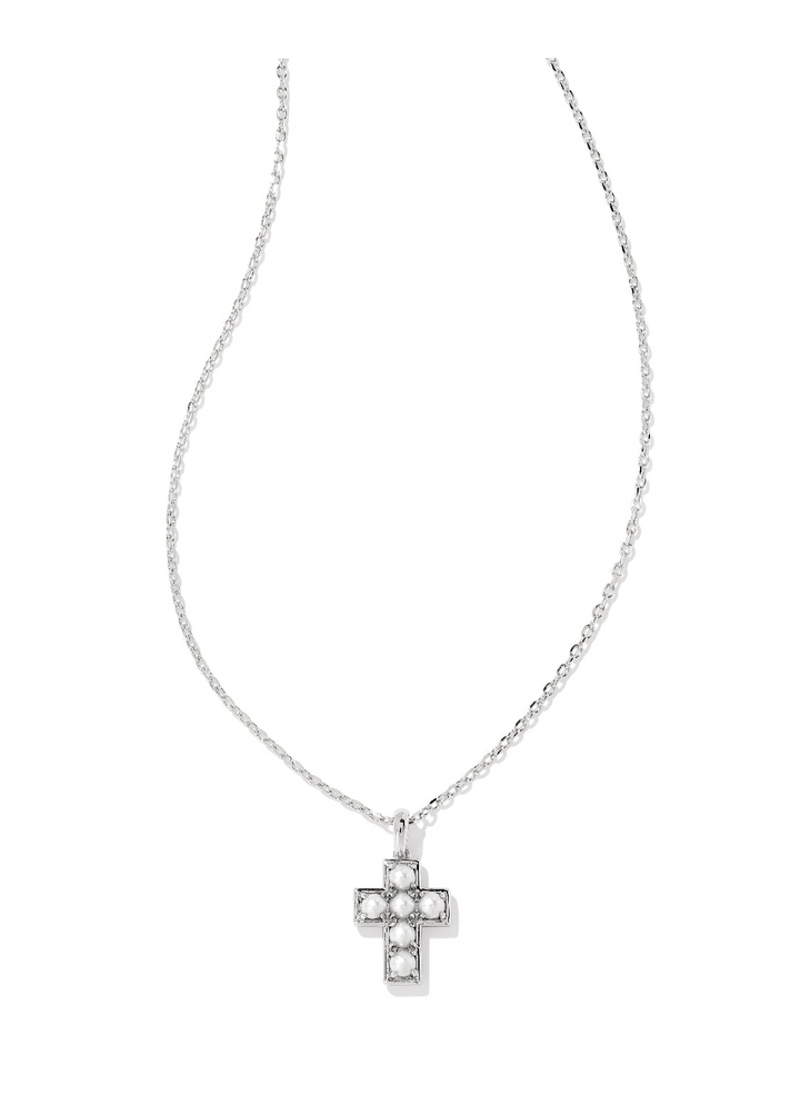 Cross Pendant Necklace Silver White Pearl
