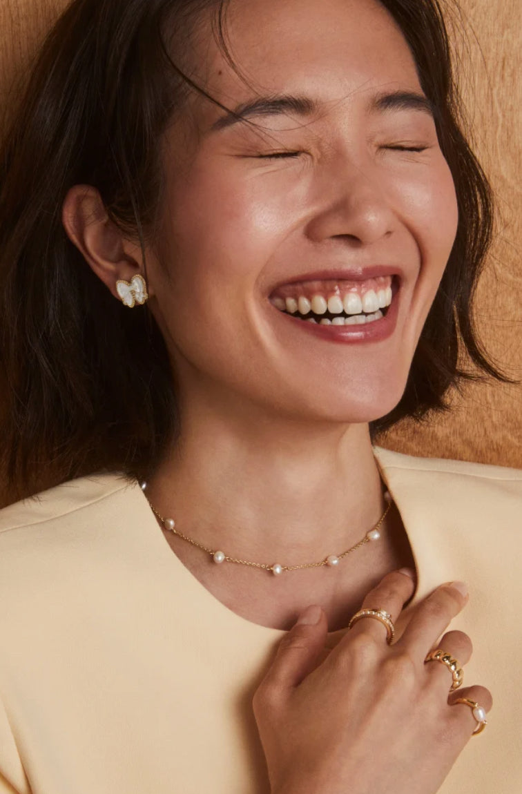 Haley Bow Gold Stud Earrings-Ivory Mother-of-Pearl