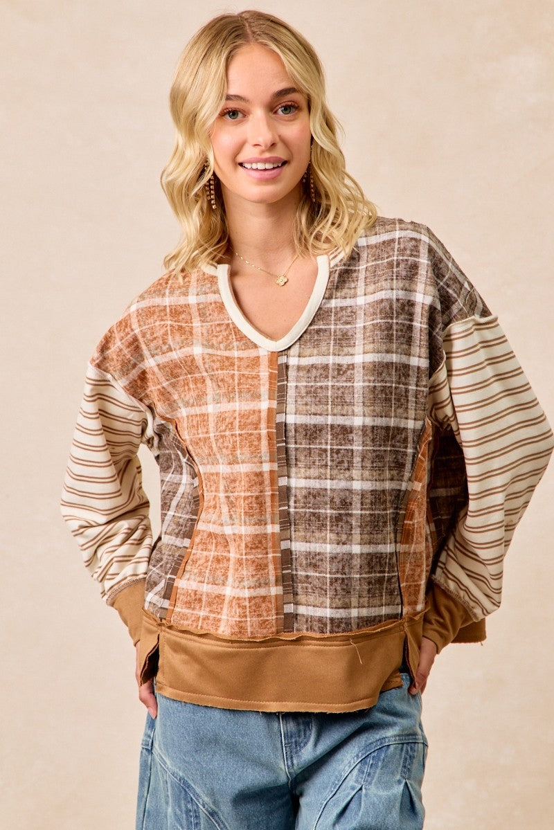 Brown Plaid Print Top