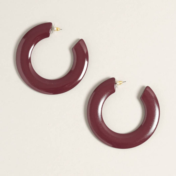 Large Maroon Polished Metal Hoop Post Earrings