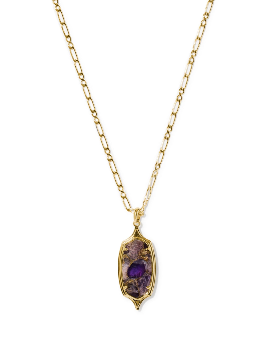 Dani Stepped Frame Gold Long Pendant Necklace Bronze Veined Purple Amethyst